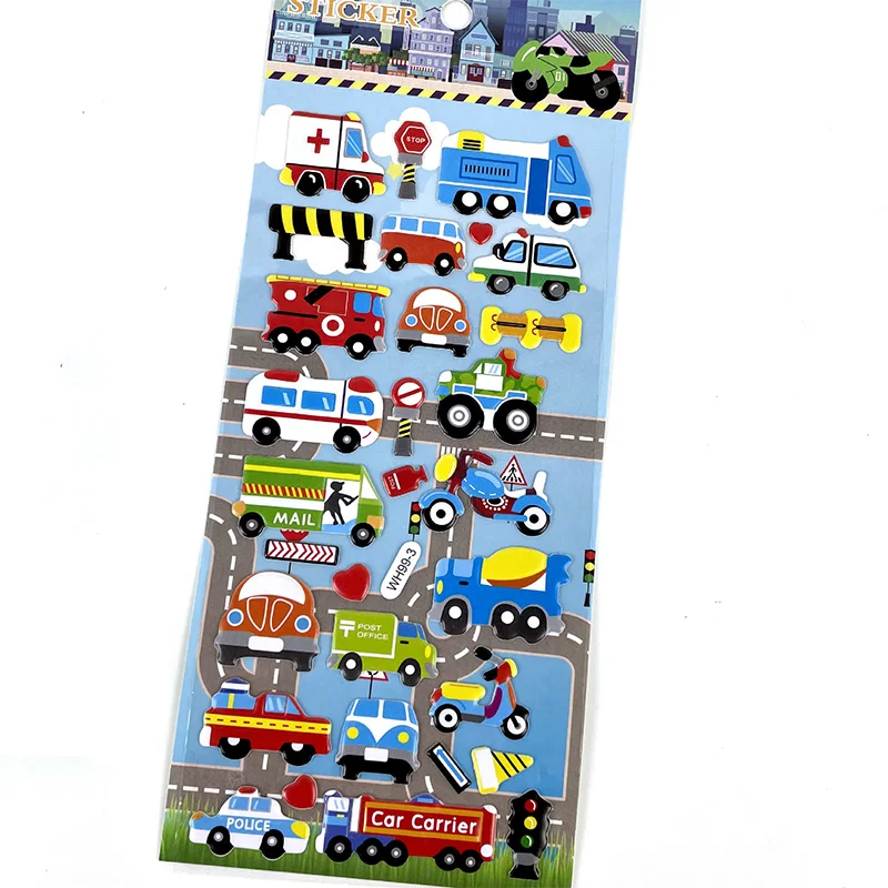 6 Sheets/Set Cartoon Engineering Vehicles Traffic Cars Stickers for Kids 3D Bubble PVC Reward Sticker With Paper Card Packaging