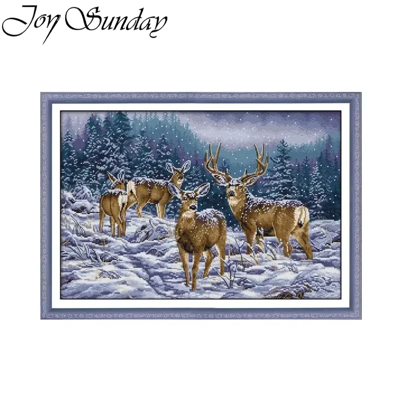 Joy Sunday Cross Stitch Kits Winter Deer Pattern 16/14/11CT Aida Fabric Printed Counted Canvas DIY Needlework Embroidery Sets