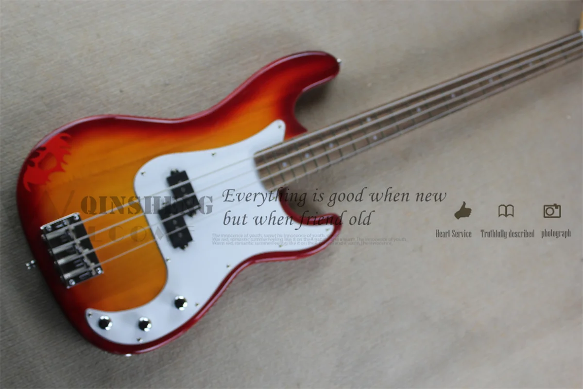 

Cherry sunset bass 4 strings bass guitar Basswood Body White Pickguard,Chrome Bridge maple neck factory custom