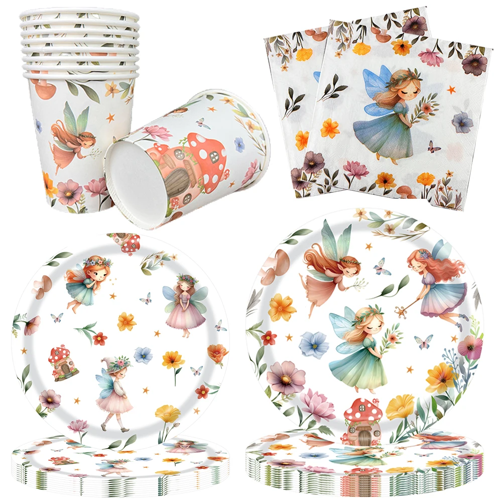 Fairy Party Tableware Fairy Birthday Party Supplies Plate Cup Napkin Flower Fairies Enchanted Forest Garden Birthday Decorations