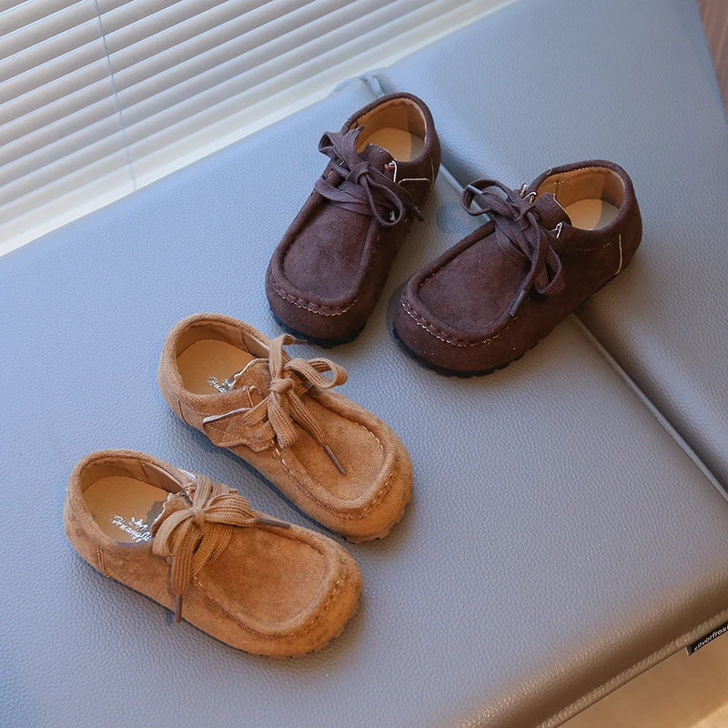 

2026 Wide Round Toes Children's Shoes Retro Early Autumn Soft Sole Casual Faux Leather Shoes All-match Boys Girls Suede Shoes