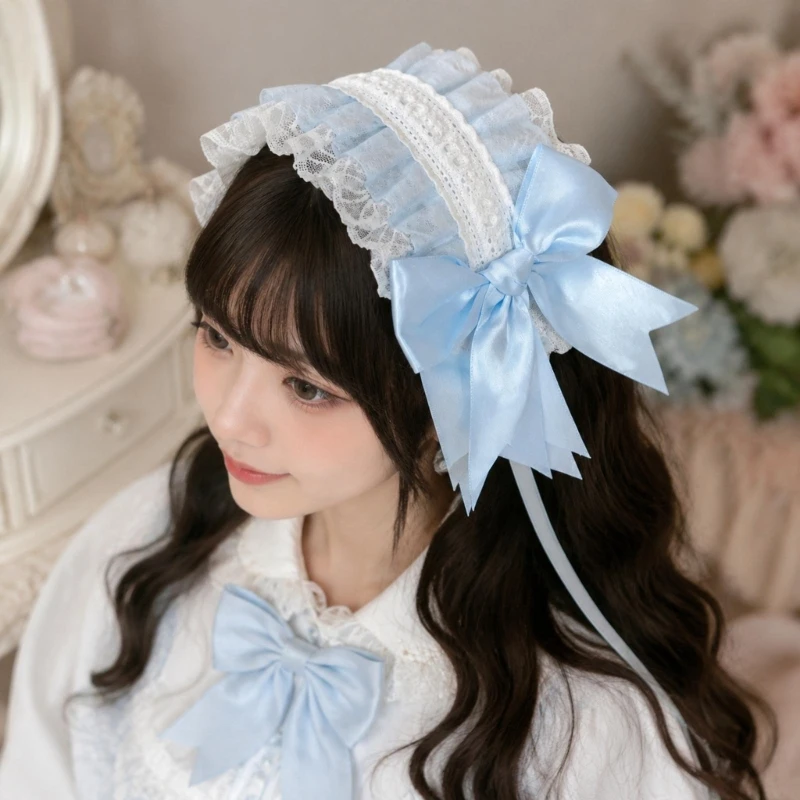 Lolitas Headband Hair Accessories Lace Headband Maid Costume Ribbon Hairpiece with Lace Metal Hair Clips and Layered Trim