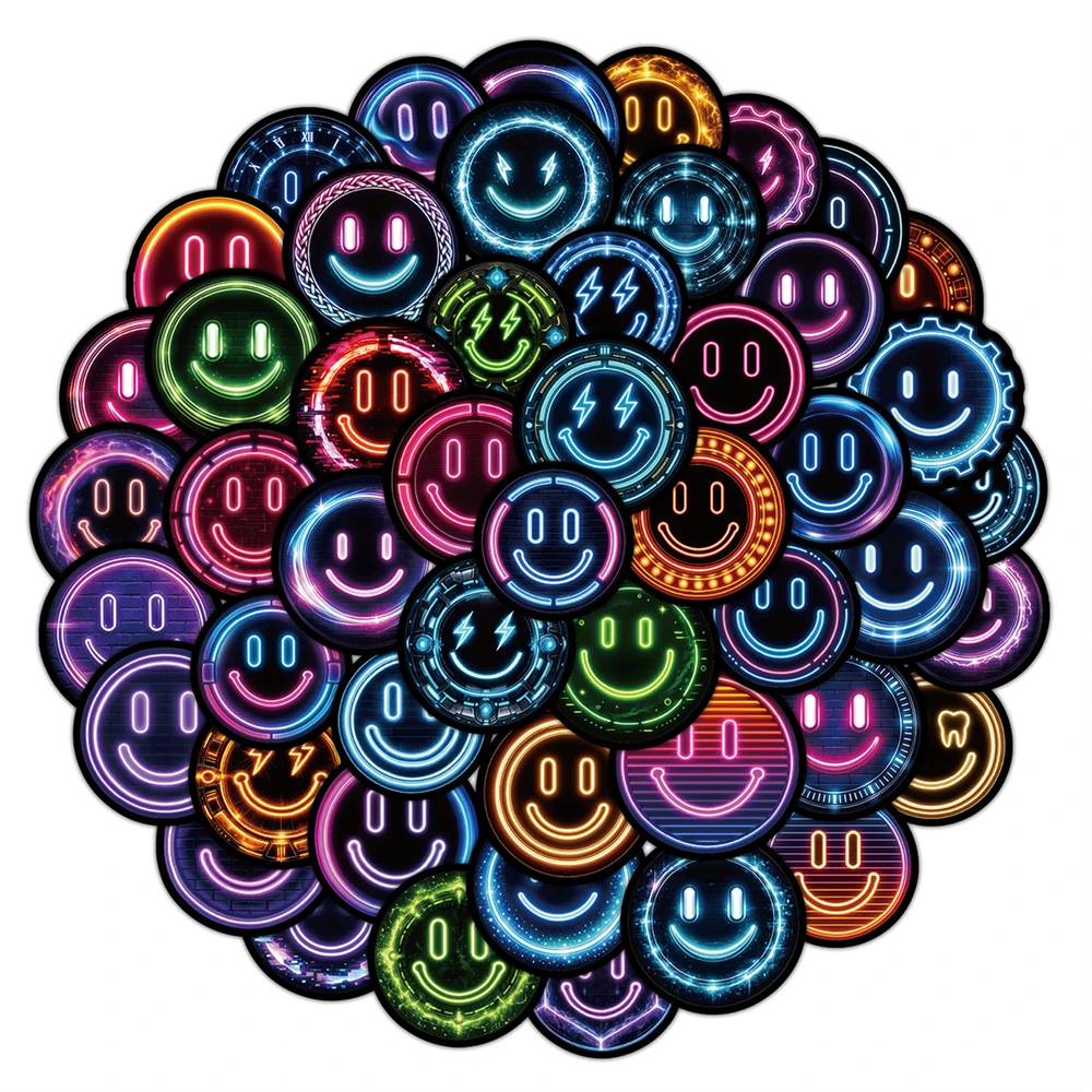 10/25/50Pcs Neon Smile Face Stickers Peel & Stick Vinyl Street Art Graffiti Decal for Laptop Water Bottle Guitar Phone DIY Decor