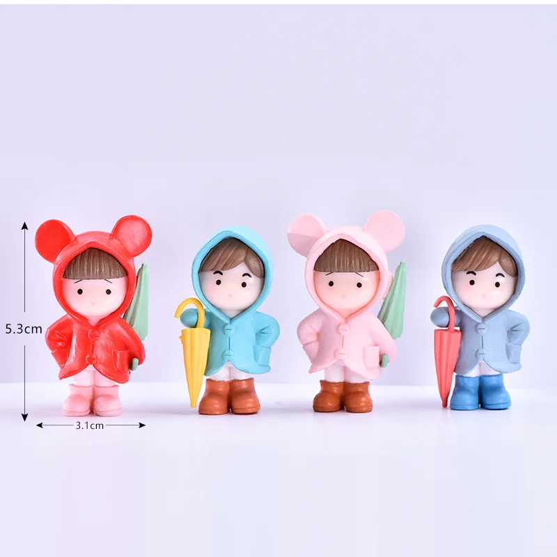 4pc Umbrella Raincoat Girl Boy Figure Decor Pvc Craft Figurine Decoration Miniature Fairy Garden Ornament Pendant DIY Accessory