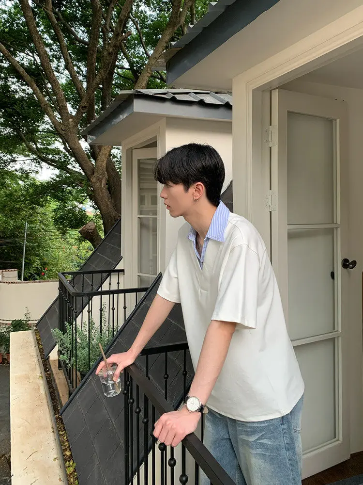 Fashion Faux Two-piece Splicing Polo Shirts Short-sleeve Tops Men's 2026 Summer New Trendy Lapel T-shirts Loose Comfort T-shirts