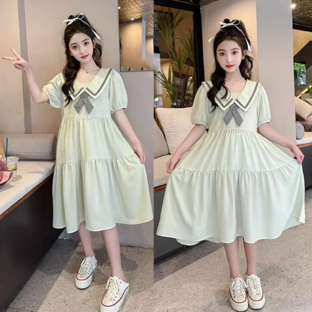 

Casual Bowknot Girl Princess Dress Loose Puff Short Sleeve Teenagers Dresses Preppy Style Sweet Children Bubble Dress Party