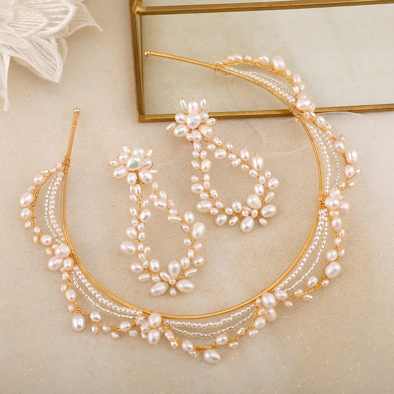 

Freshwater Pearls Bridal Crown With Earrings Gold Color Wedding Hair Tiara Handmade Fashion Women Prom Hairband