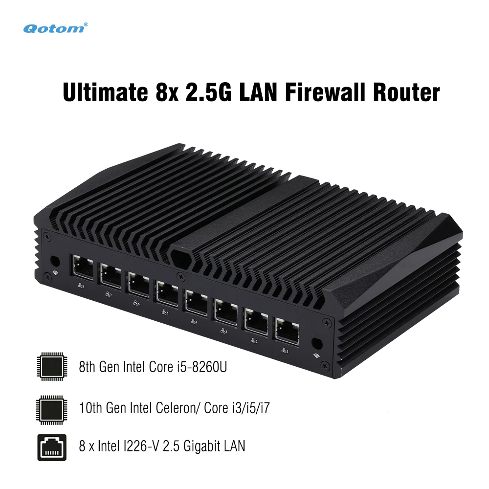 

Мини-ПК Qotom Barebone без вентиляторов, 8 портов Intel i226-V 2.5G LAN, процессоры Core i7-10510U/i5-8260U, функции фаервола и софт-роутера, порт RS232 для консоли.