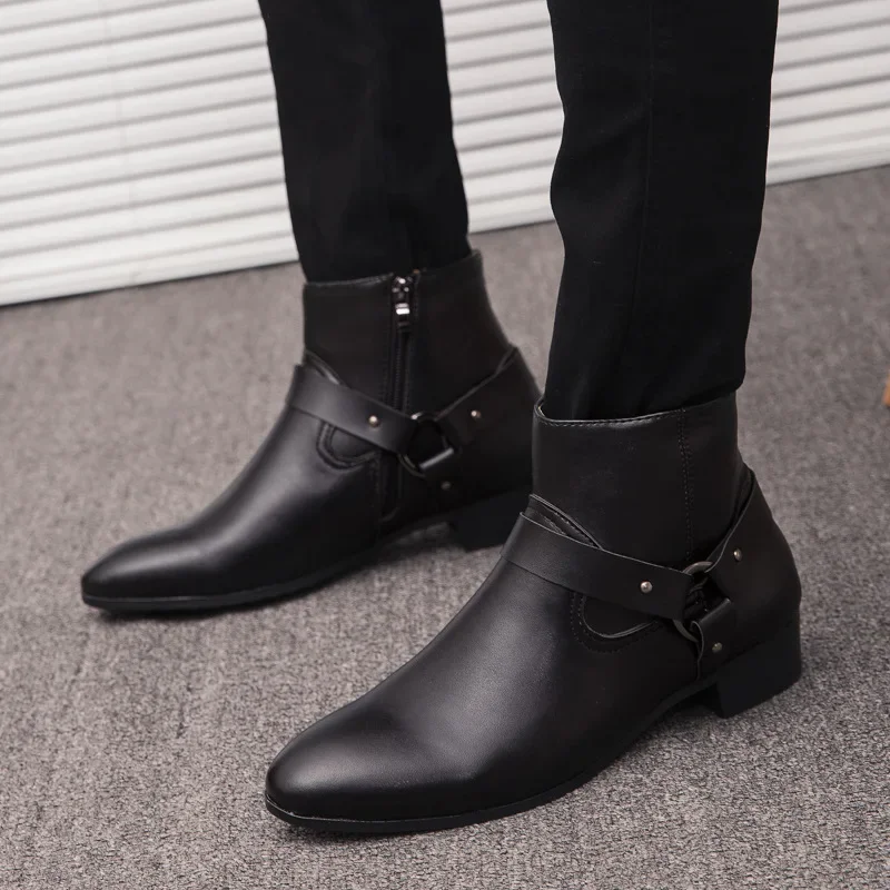 2022 New Ankle Boots Chelsea Boots PU Leather Men Boots Breathable Autumn Winter Fashion Pointed Toe Heels Dress Shoes Big Size