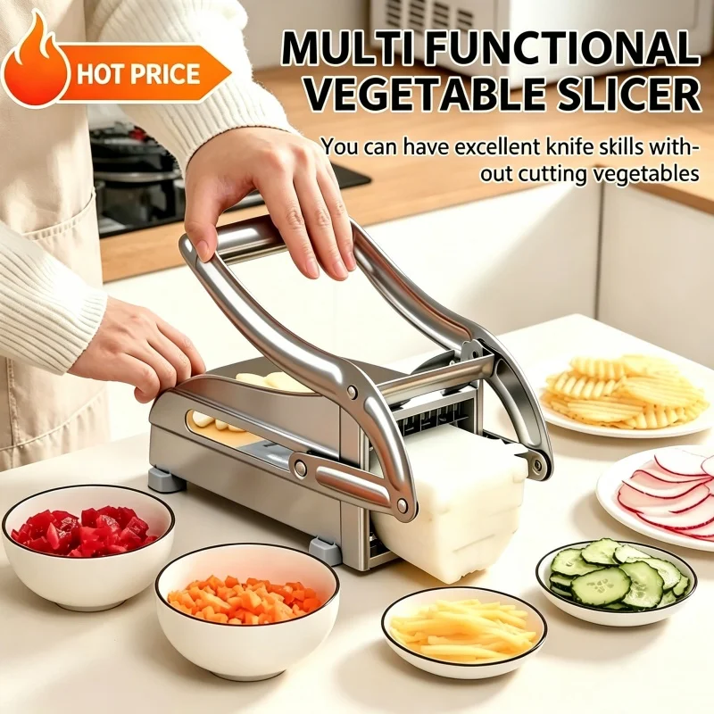Cortador de Patatas Manual de Acero Inoxidable 4 en 1, Rebanador de Patatas Fritas, Máquina para Hacer Patatas Fritas, Picador de Carne, Herramienta de Corte