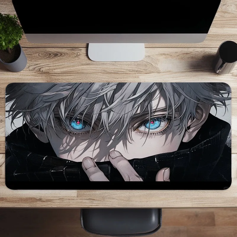 An anime inspired white-haired boy, a large game desk mat with an anti-slip rubber base, 35.4x15.7 inches, suitable for office,