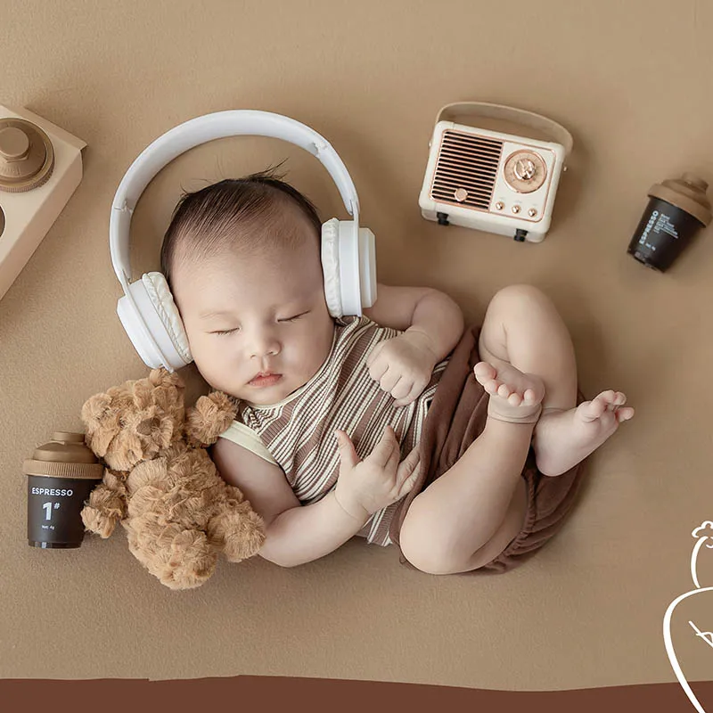 Maillard-Chapeau en Y à rayures et mini radio pour bébé, accessoire de photographie pour nouveau-né, 3 pièces/ensemble