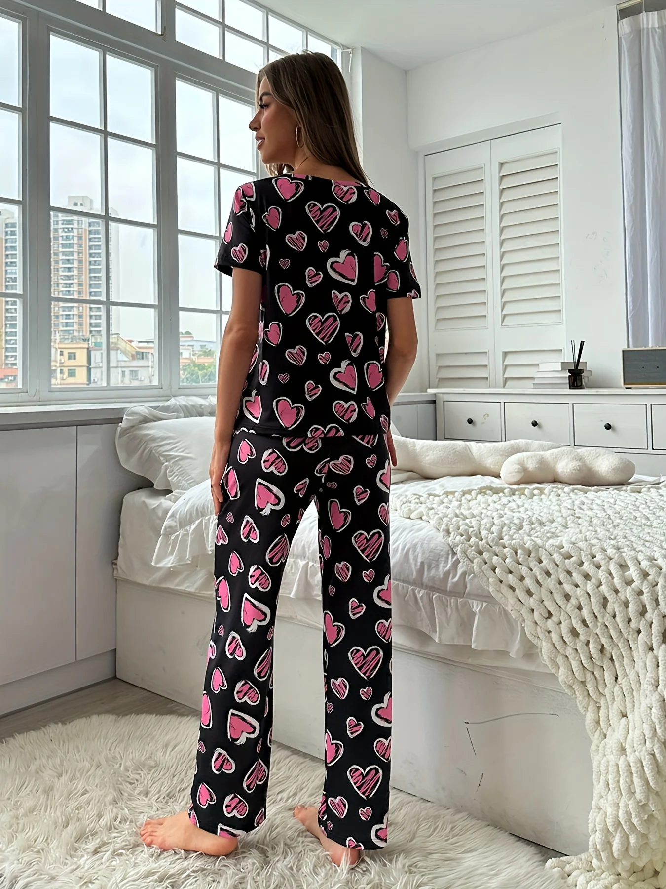 2-Pack المرأة أربعة مواسم الربيع والصيف عادية رومانسية لطيف على شكل قلب طباعة لطيف قصيرة الأكمام السراويل دعوى #2