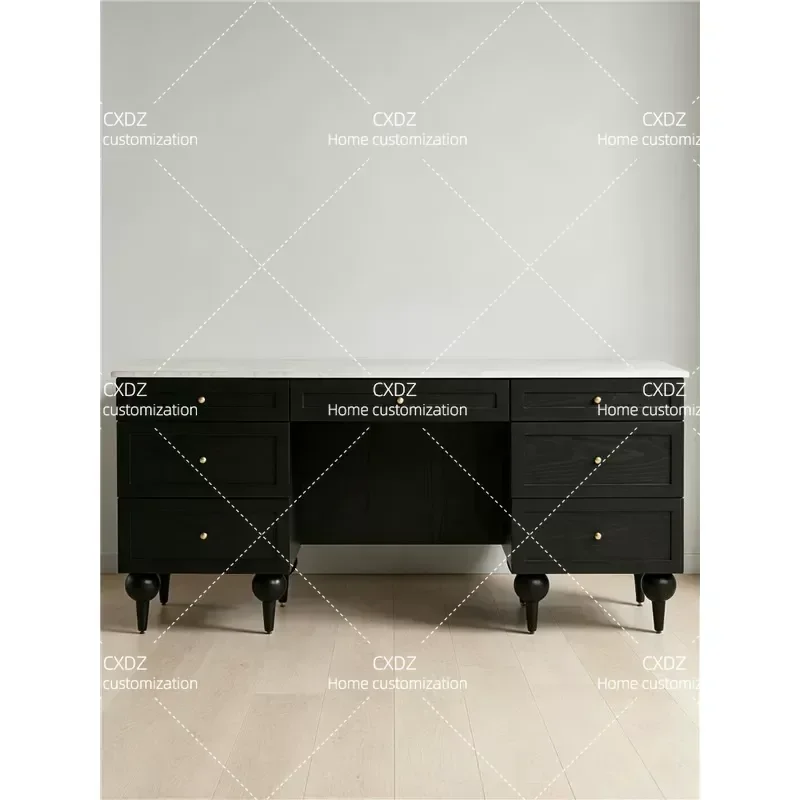 Retro Solid Wood Desk with Marble Top Multi Drawer Black Study Table Home Office Computer Workstation Rock Slab Surface