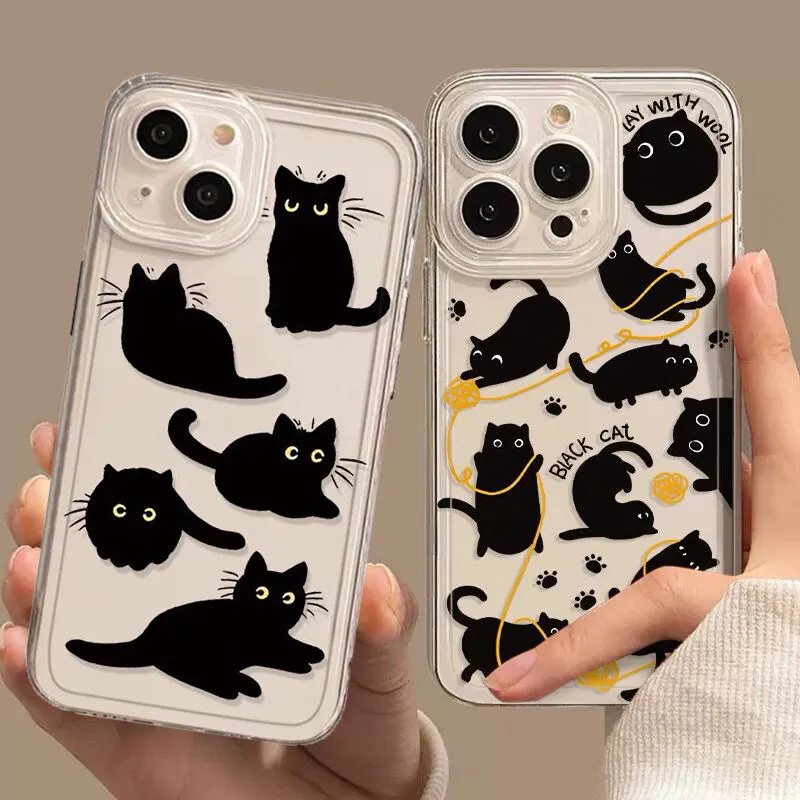 Cartoon Cute Black Cat Cover For Motorola Moto G22 G30 G52 G32 G53 G73 G72 G71 G60S G9 Play Plus EDGE 40 PRO Case Clear Casing