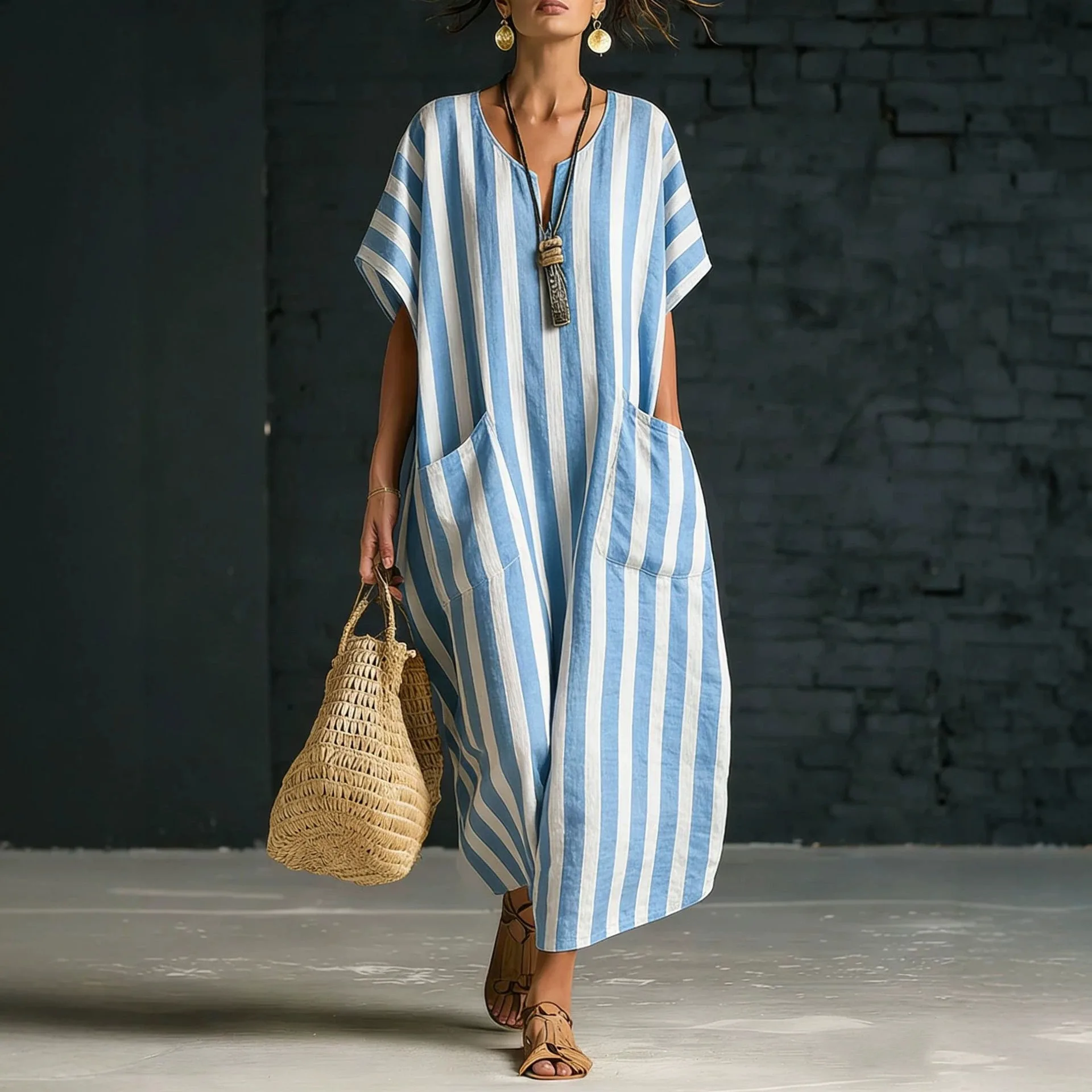 Women's 2026 New Loose V-neck Strip Printed Dress, 2026 Summary New Collection Summer Maxi Dress Vestidos Prom Lace Femme