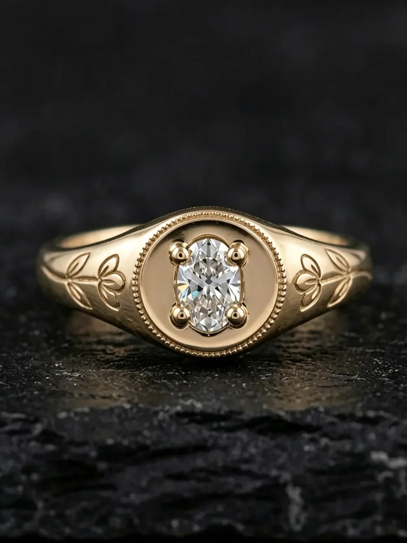 Antique 14K Gold Plated Signet Ring Oval Cubic Zirconia Ring Hand Engraved Floral Pattern Chunky Band Women Stackable Finger Rin