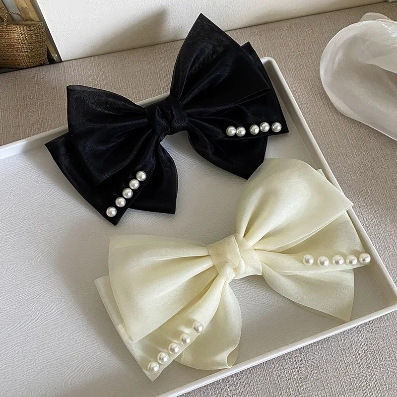 

New Black Satin Bowknot Pearl Hair Clip Korean Style Half-up Princess Head Spring Clip Sweet and Elegant Head Accessory