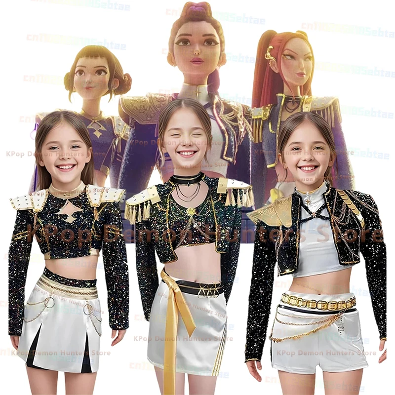 

Anime Kpop Demon Hunter Black Golden Performance Costume Cosplay Girls Style Kids Stage Performance Clothes Halloween Party