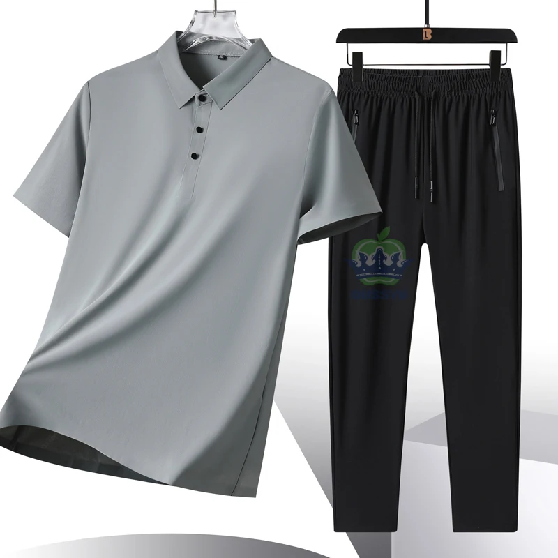 Summer High Stretch Suit Polot Shirt Pants Man Thin Elastic Waist Sweatpants Jogging Casual Sports Short Sleeved Pants Set Male