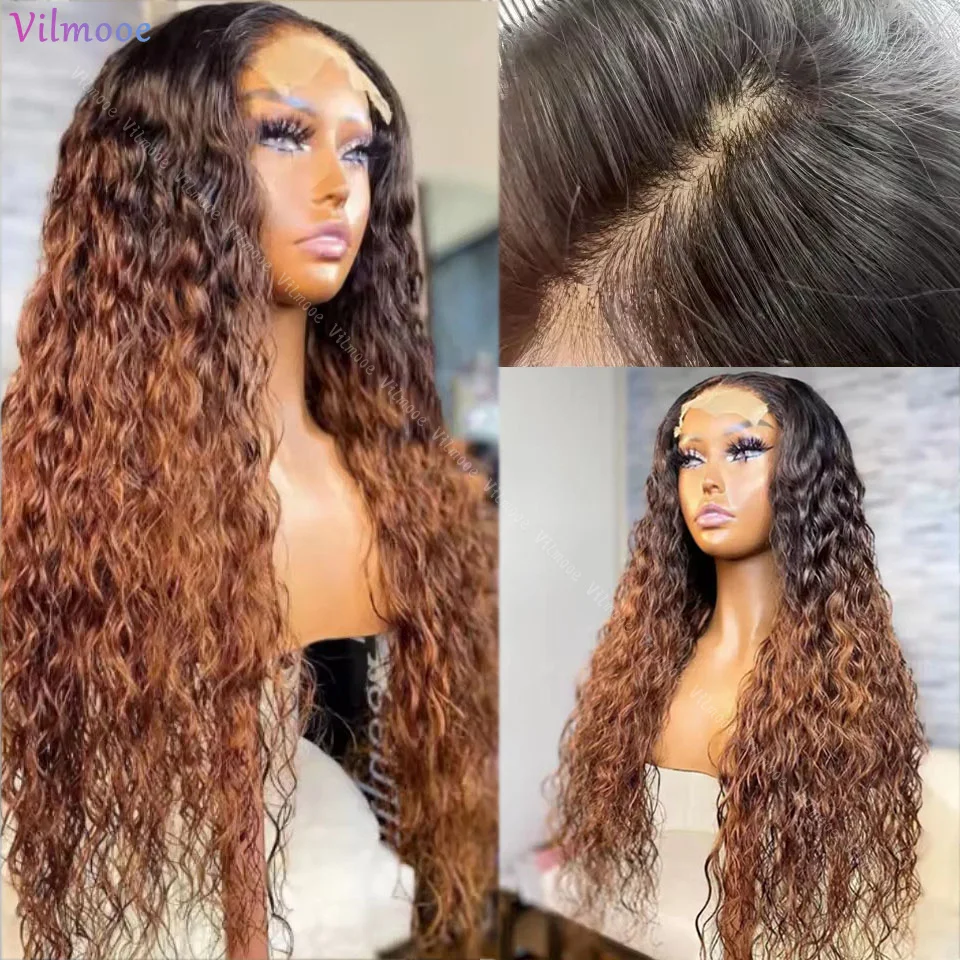 Deep Wave Ombre Brown Glueless Silk Base Frontal Human Hair Wigs #1b/30 Curly Brown Brazilian Human Hair Wigs 5x5 Silk Base Wig