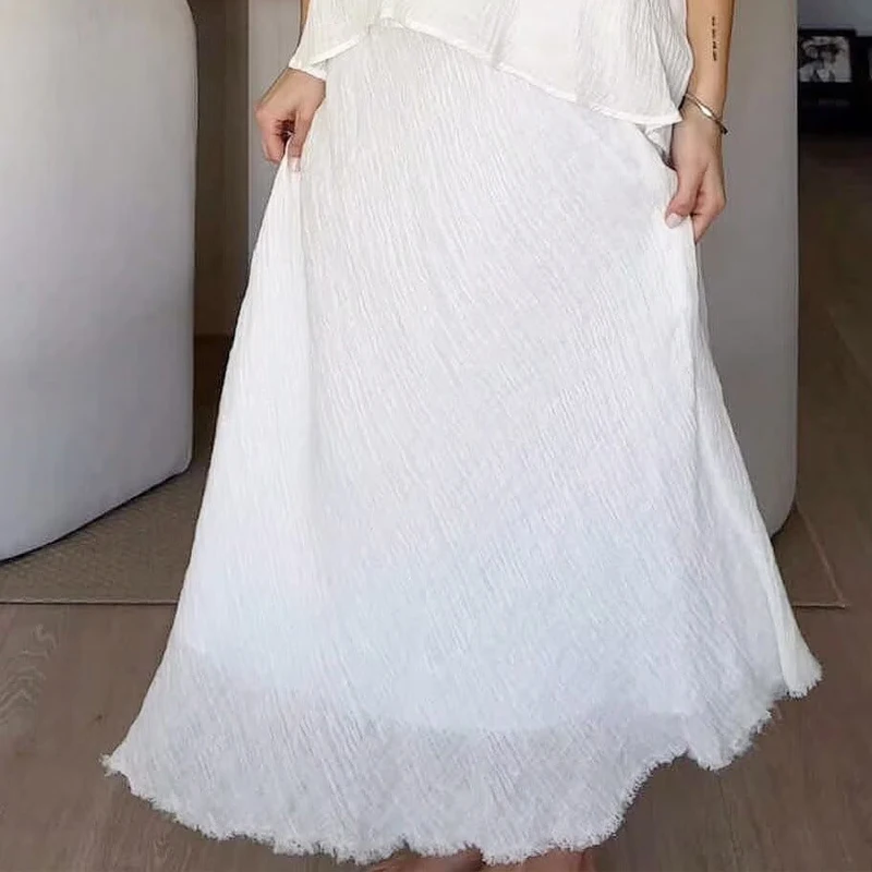 تنورة نسائية ميدي عالية الخصر من الكتان لصيف 2025 نمط غير رسمي رقيق لون نقي تنورة طويلة مريحة للتنقل تنورة على شكل حرف a