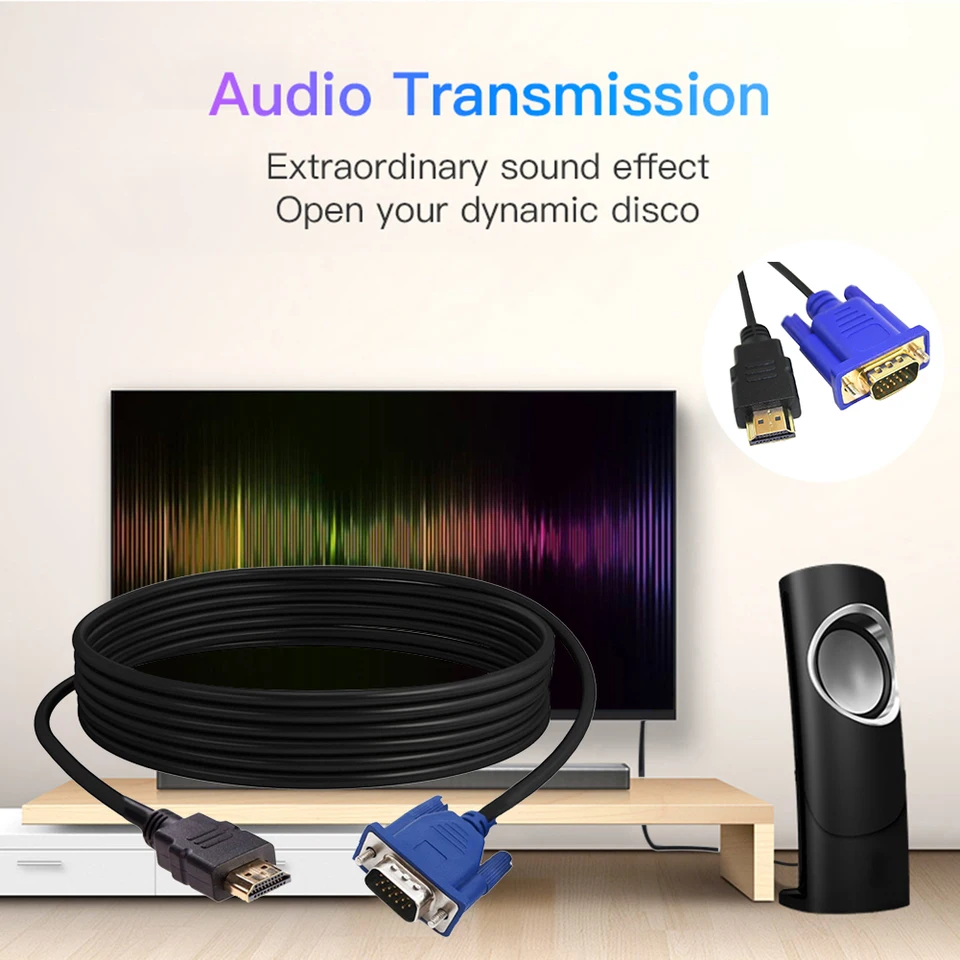 Câble Adaptateur HDMI Vers VGA 1.8m Plaqué Or – 1080p Full HD Pour PC, Ordinateur Portable, Projecteur & TV