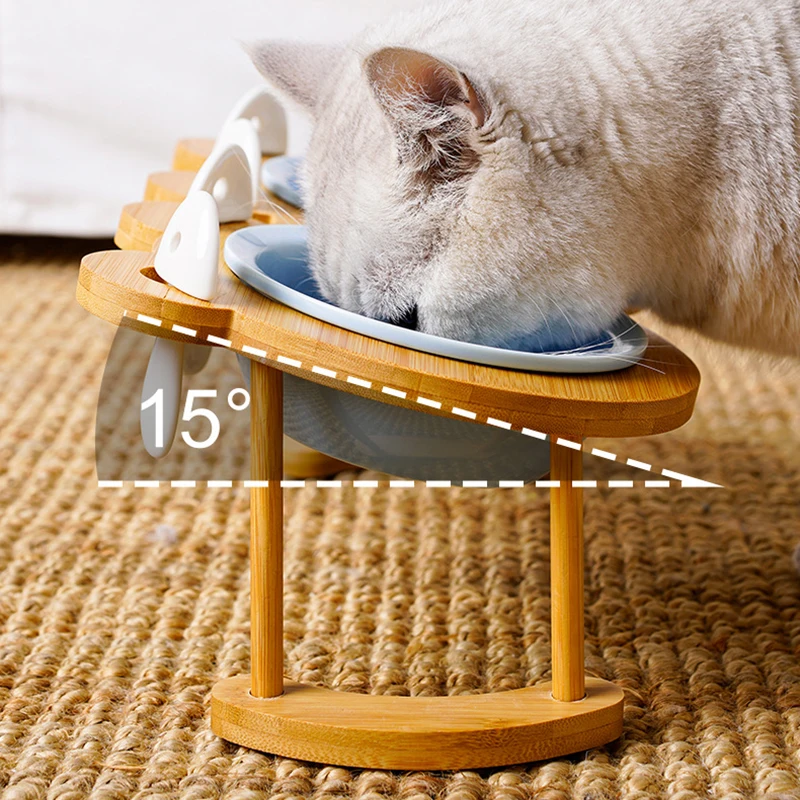 Ceramic Cat Bowl Pet Feeding and Water Bowl Bamboo Elevated Cat Feeder Protective Cervical Spine Food Dishes Pet Supplies