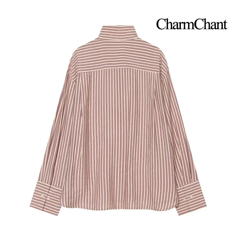 CHARMCHANT Womens Long Sleeve Shirt Vertical Stripe Band Collar Contrast Yoke Drop Shoulder Loose Fit Button Front Spring 2026