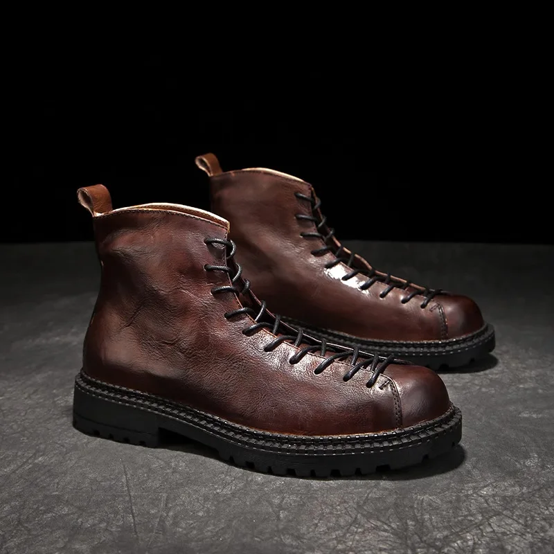 YETTIES Men's Genuine Leather High Top Work Boots, Fur Lined Winter Boots Non-Slip Sole, Breathable Retro Platform Combat Shoes