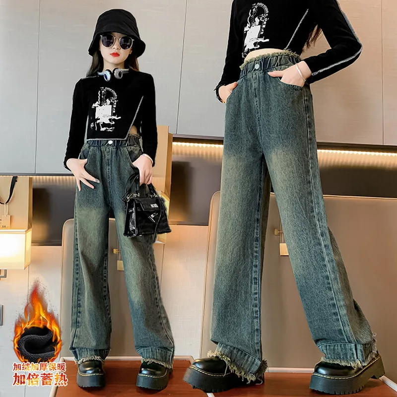 Girls Winter Jeans Fleece Thick Warm Loose Wide Leg Pants for Children Casual All-match Fashion Teenage School Kids Trousers