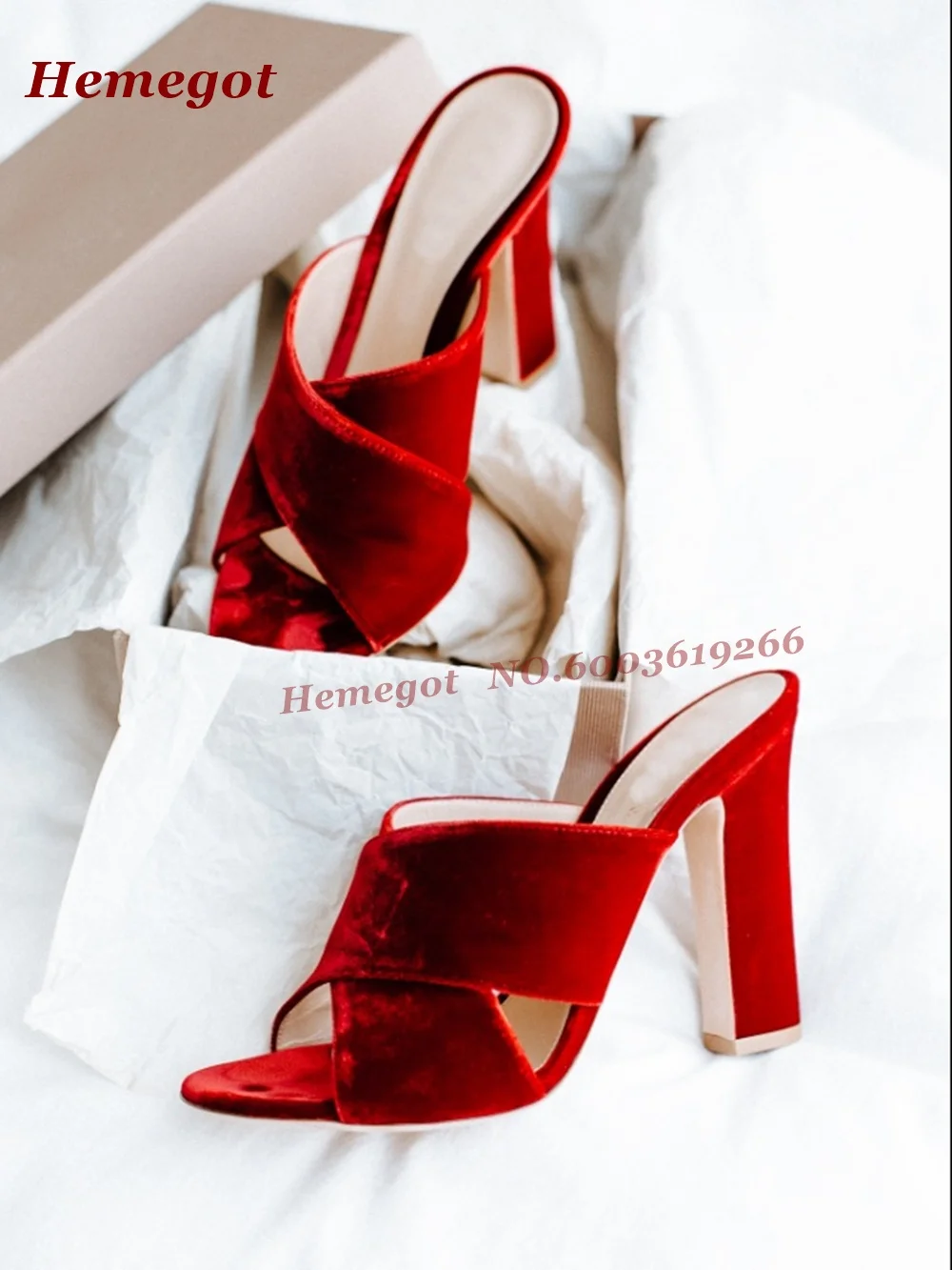 

Velvet Red Cross Strap Slippers Open Toe Side Air Chunky Heels Women's Slippers Slip On Outside Minimalist Summer Runway Shoes