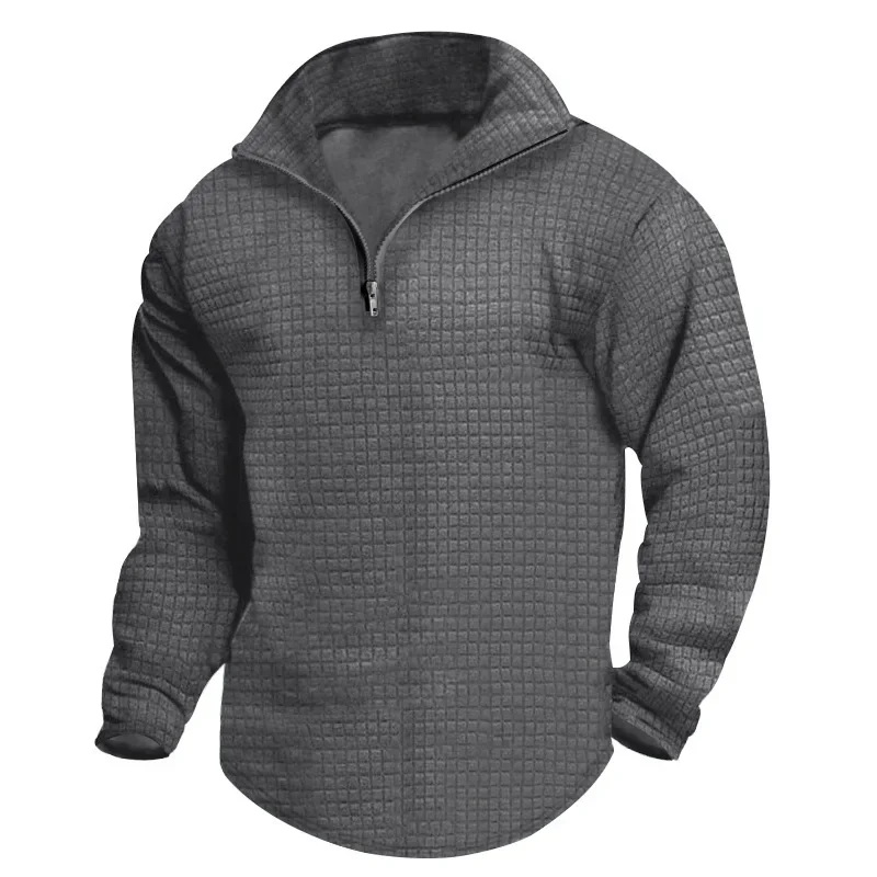 European and American Fashionable Men's Sweatshirts with A Half - Zipper, Small Checkered Pattern and Stand - Collar.