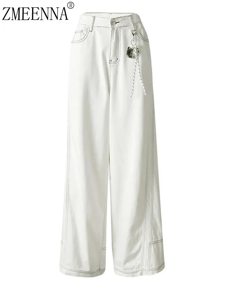

ZMEENNA Women's White Wide Leg Jeans High Waisted Loose Fit Denim Pants With Contrast Stitching Casual Straight Fashion ZM3273