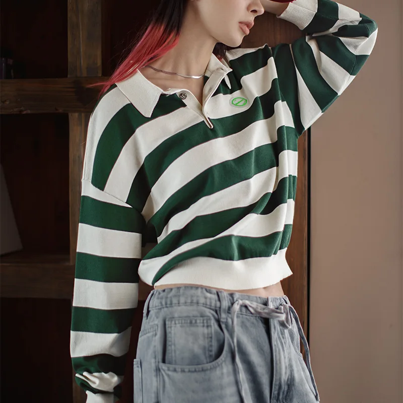 Maden Retro Classic White and Green Color Blocking Striped Polo Shirt for Women… - Image 5