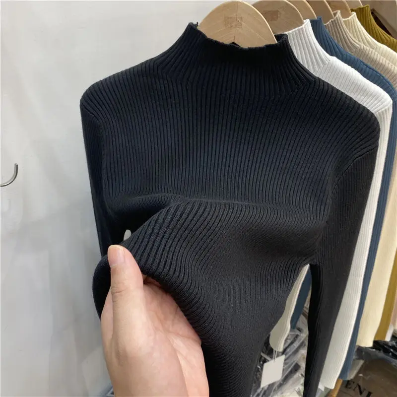 2025 outono inverno cor sólida camada base topos feminino malha quente grosso gola alta camisola estilo coreano mangas compridas pullovers