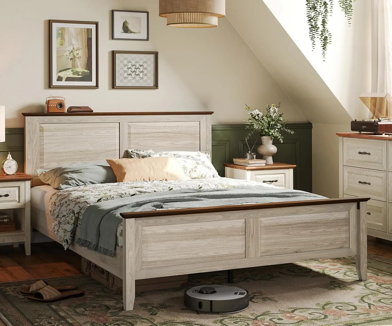 Linsy Wood Queen Bed Frame With Headboard, Farmhouse Bed Frame Queen Size With High Footboard, Wood Bed Fast Assembly,