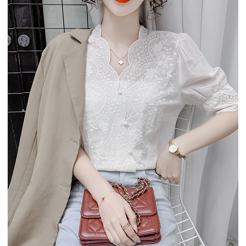 Women White Hollow Lace Embroidery Asymmetrical Blouses Summer Fashion V Neck Short Sleeve Sweet Shirts Casual Chic Tops Female