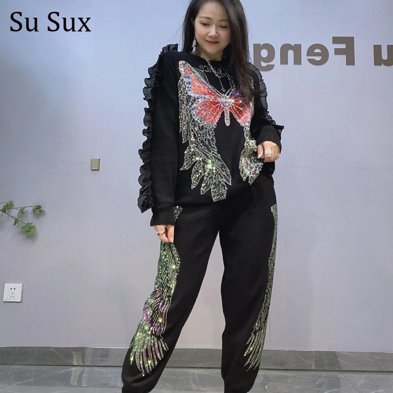 

Butterfly Sequins Ruffles Sleeve 2 Piece Sets Women Outfits Casual Knitted Pullover Top and Pencil Pant Sets Vestidos High Quali