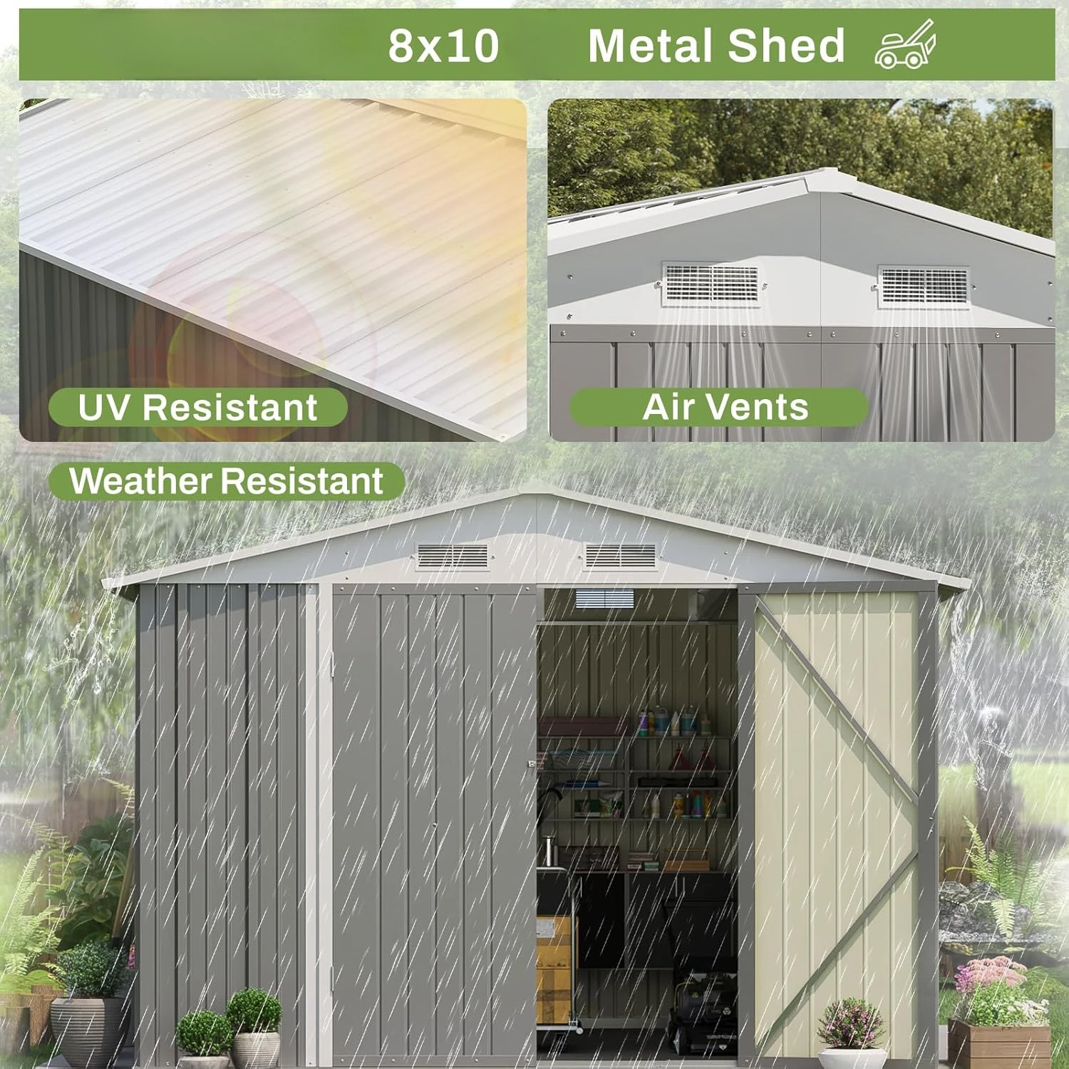 8x10 outdoor storage shed, large garden tool metal shed with sloping roof and double lock doors, backyard garden lawn, gray