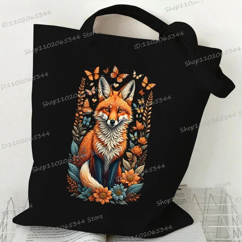 Sakura Fox Print Handbags Women Butterfly Wild Flower Shopper Shopping Bag Anime Animal Fox Reusable Fashion Trend Shoulder Bags