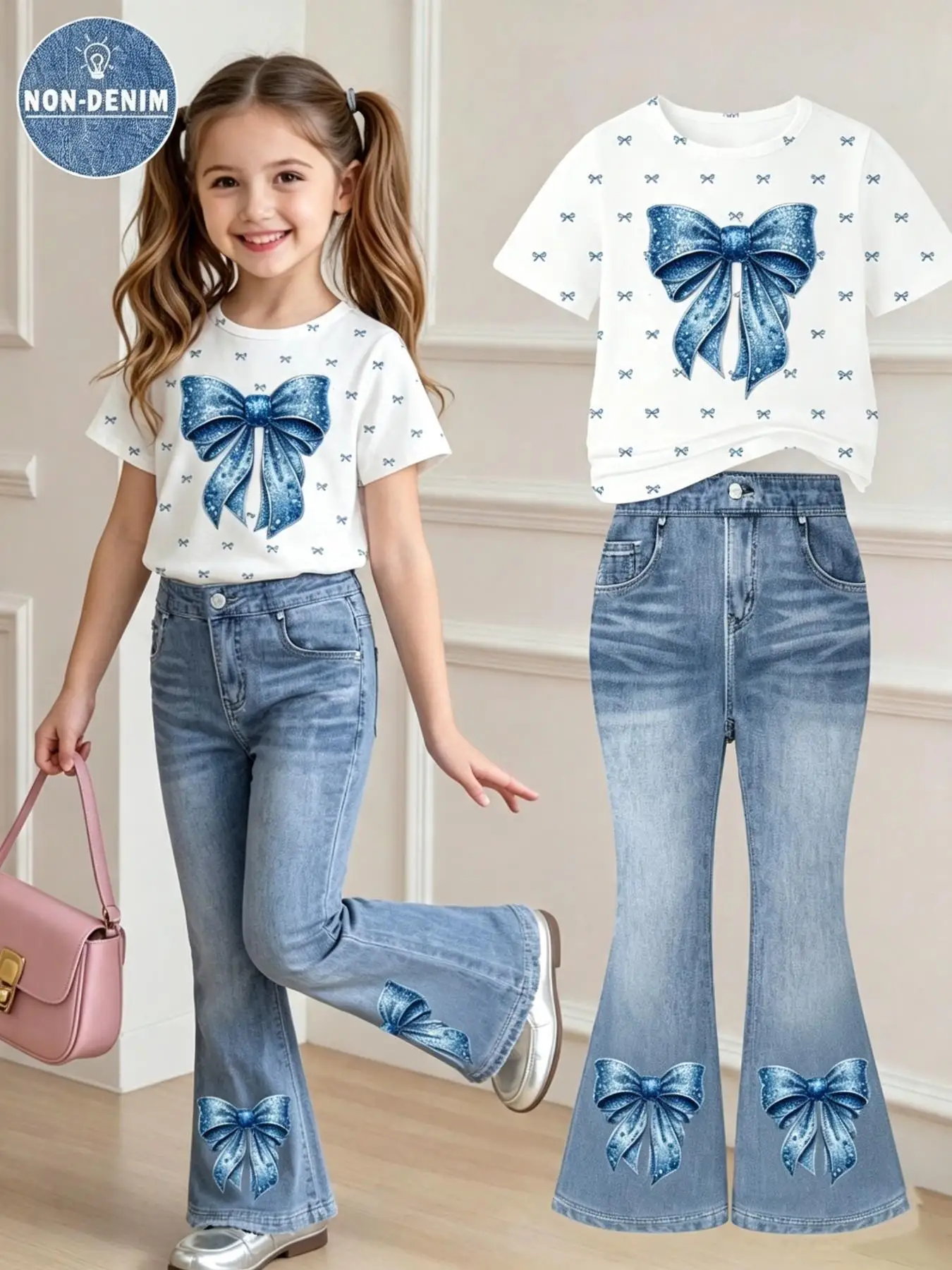 Girls' Summer and Autumn Fresh Bow Print Short Sleeve + Digital Print Flared Pants Set, White Round Neck T-Shirt + Blue Flared Pants Two-Piece Set Suitable for Children Over 3 Years Old