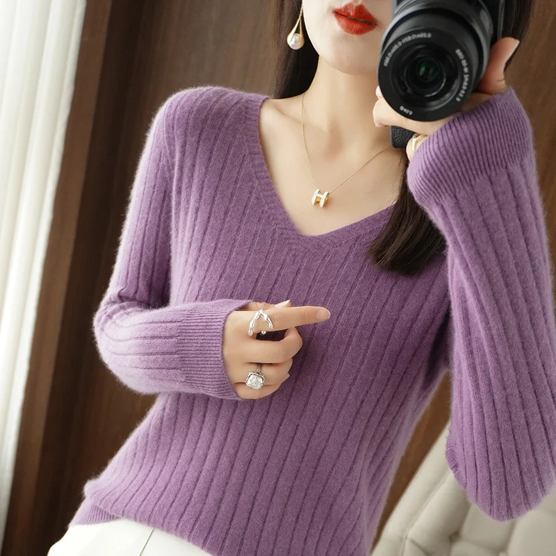 2026 New Merino Wool Women's Pullover Wool Knit Sweater V-Neck Striped Knit Sweater Basic Wool Knit Top Women