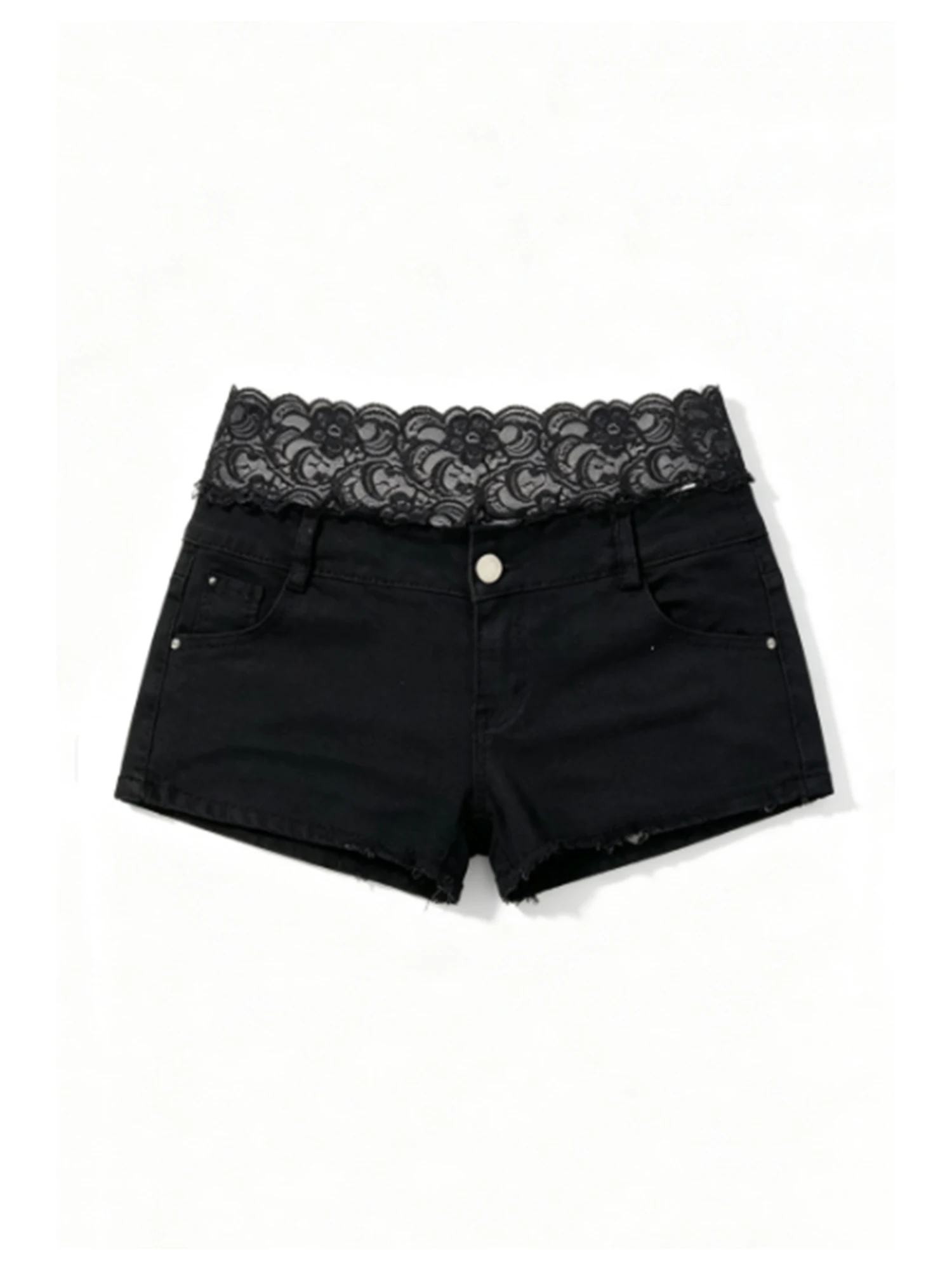 Women's Black Gothic Denim Shorts Low Rise A-line Hot Pants Lace Spliced Micro Jean Shorts Slim Micro Bodycon Pants Summer 2026
