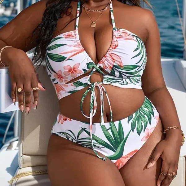 2024 Large Plus Size Halter Bikini Long Skirt 3 Piece High Waist Swimsuit Women Swimwear Female Bathing Suit Beachwear Swimming