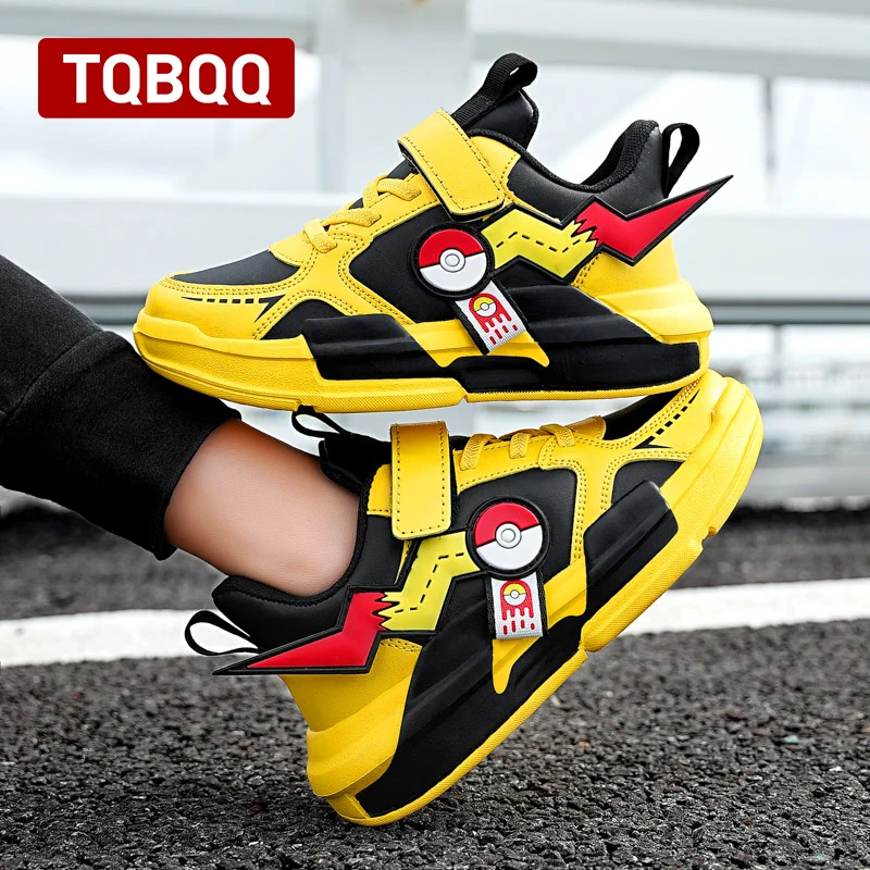 Kid\'s Leather Pikachu Sports Sneakers Boy\'s and Girl\'s Fashion Casual Shoes Children\'s Outdoor Slip On Sneakers