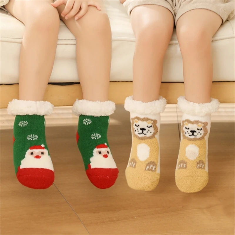 

1Pair Winter Toddlers Thickened Cotton Socks Baby Boys Girls Cartoon Christmas Animal Pattern Non Slip Socks for 0-6 Years Old