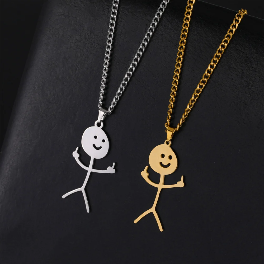 My Shape Hip Hop Fuxk You Funny Doodle Pendant Necklaces for Men Woman Stainless Steel Stickman Middle Finger Rock Punk Jewelry