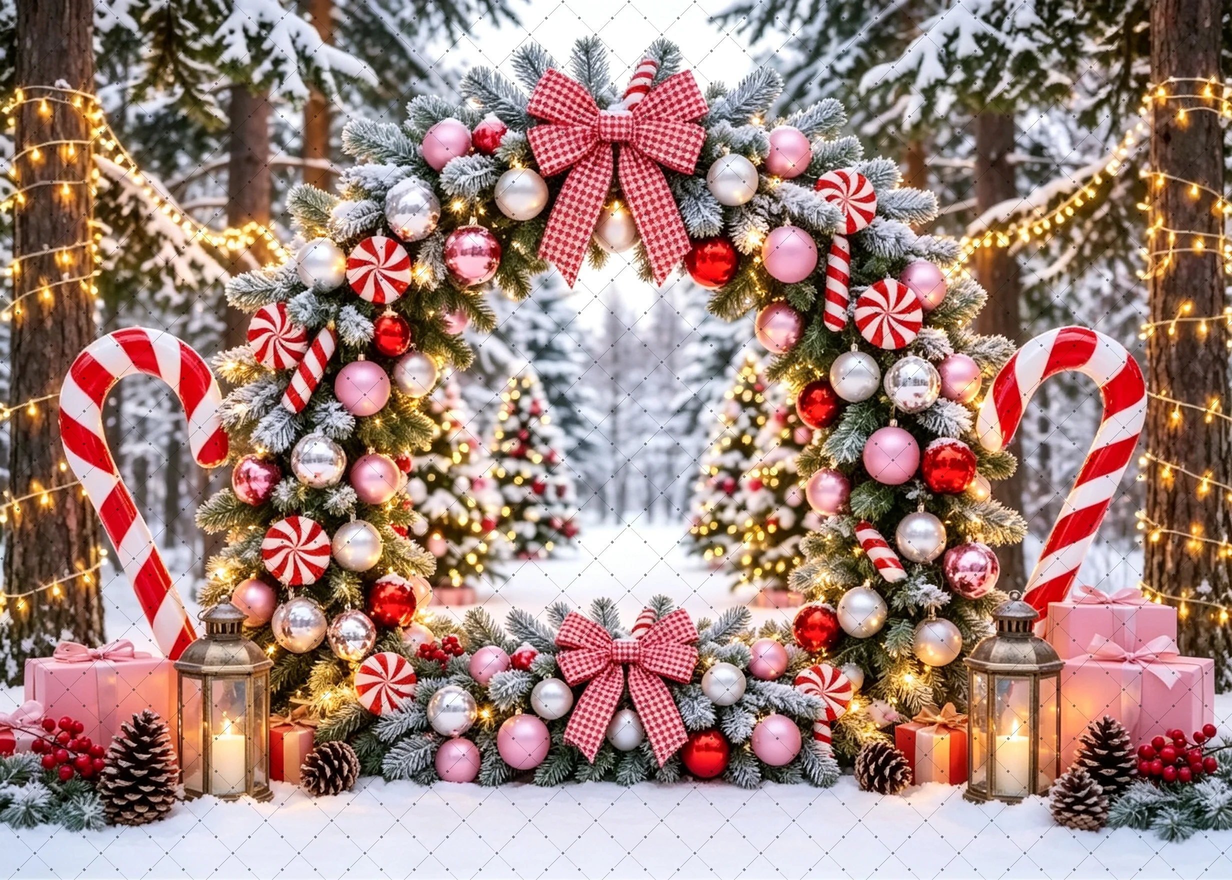 Christmas Photo Backdrop Snow Forest Arch Garland Bow Candy Cane Bauble Gift Lantern Winter Family Portrait Studio Background