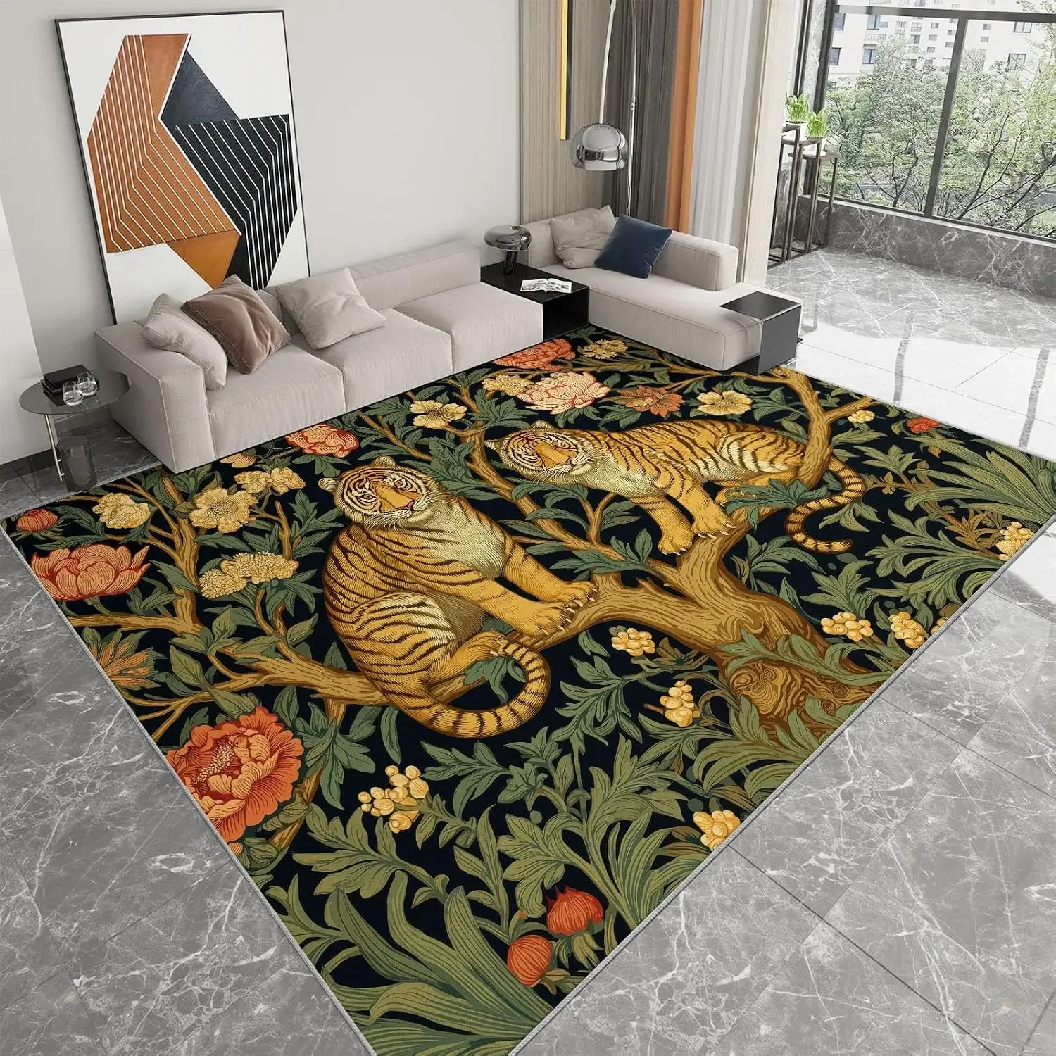 Large Green William Morris Tiger Floral Area Rug Washable Non Slip Non Shedding Low Pile Carpet for Playroom Bedroom Home Decor